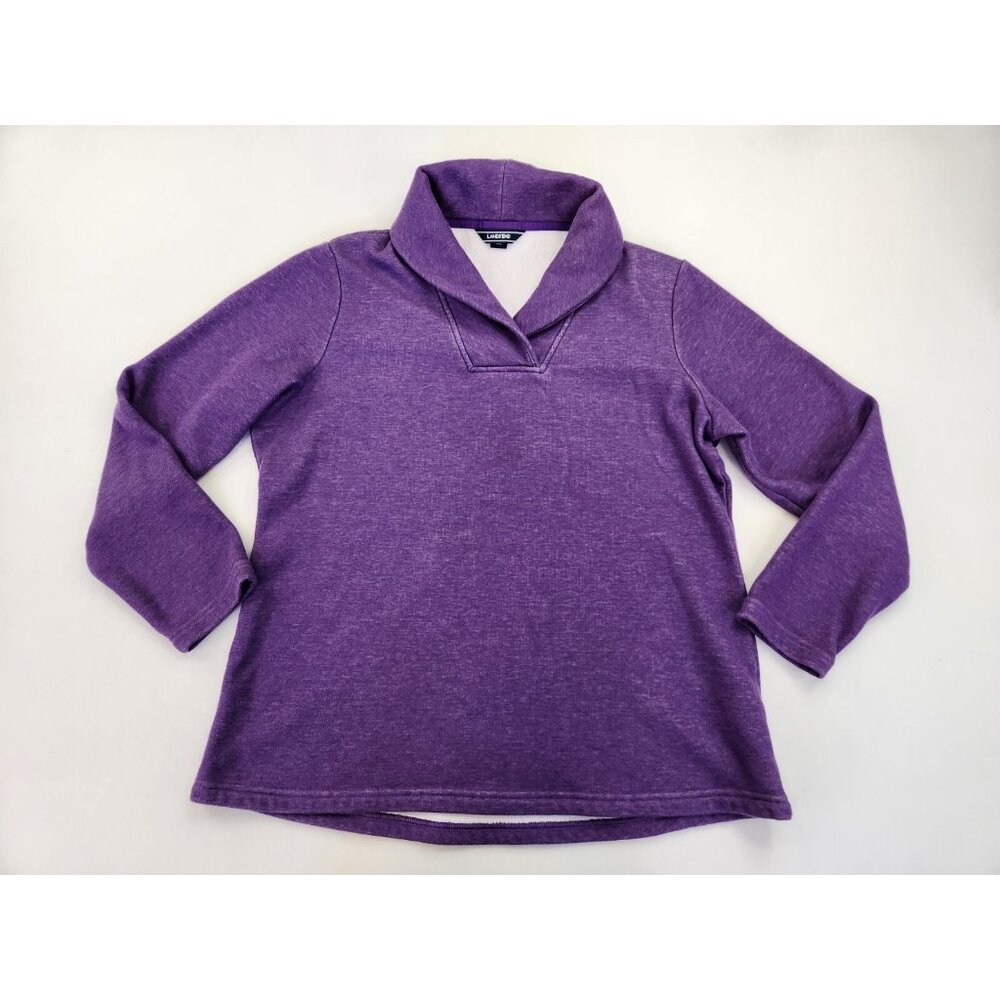 LANDS' END Women L Purple Pullover Collared V-neck Cotton Heavy Shirt-Sweater